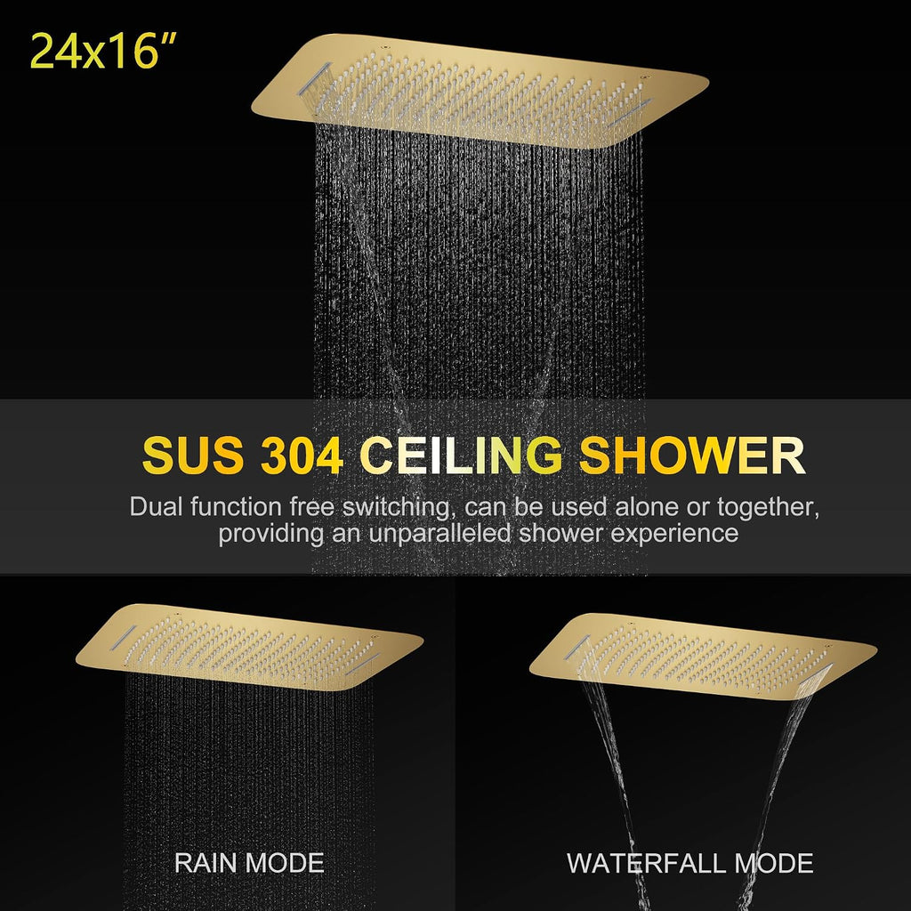 AYIVG Brushed Gold Thermostatic Shower System 16X24 inch Rainfall And Waterfall Shower Set Ceiling Full Body Shower System with Handheld Spray and Digital Display Pressure Balance Valve