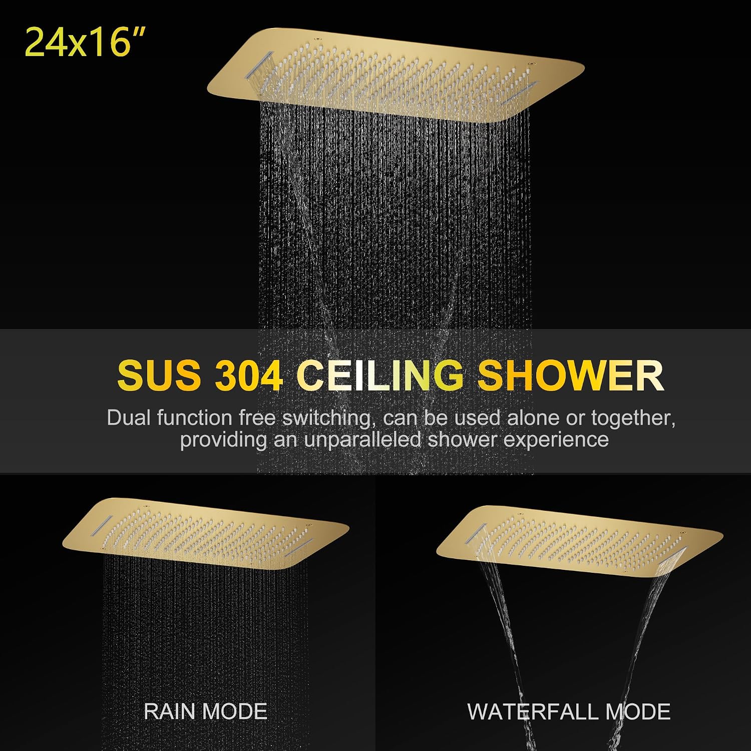 AYIVG Brushed Gold Thermostatic Shower System 16X24 inch Rainfall And Waterfall Shower Set Ceiling Full Body Shower System with Handheld Spray and Digital Display Pressure Balance Valve