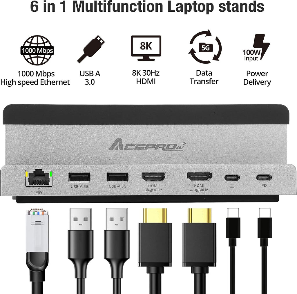 7 Port USB-C 14' Laptop Stand with Dual Display Docking Station, Tablet Holder Hub, Vertical Storage Desk Organizer/HDMI 8K30Hz, USB-A 5Gbps, Ethernet 1Gbps, 100W Power Delivery, Space Gray