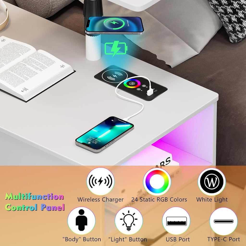Gurexl 360° LED Nightstand with Wireless Charging Station for Bedroom, Movable Adjustable Bedside Table with Laptop Tray, Auto Sensor End Table with 24 Color Dimmable -White