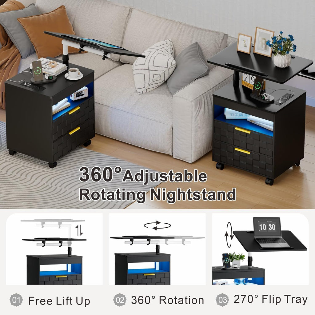 Lareth Height Adjustable Nightstand with Charging Station, LED Bedside Table 2 Drawers, Smart Wooden End Table Dorm Rolling Side Table Laptop Workstaion with Wheels for Bedroom, Black