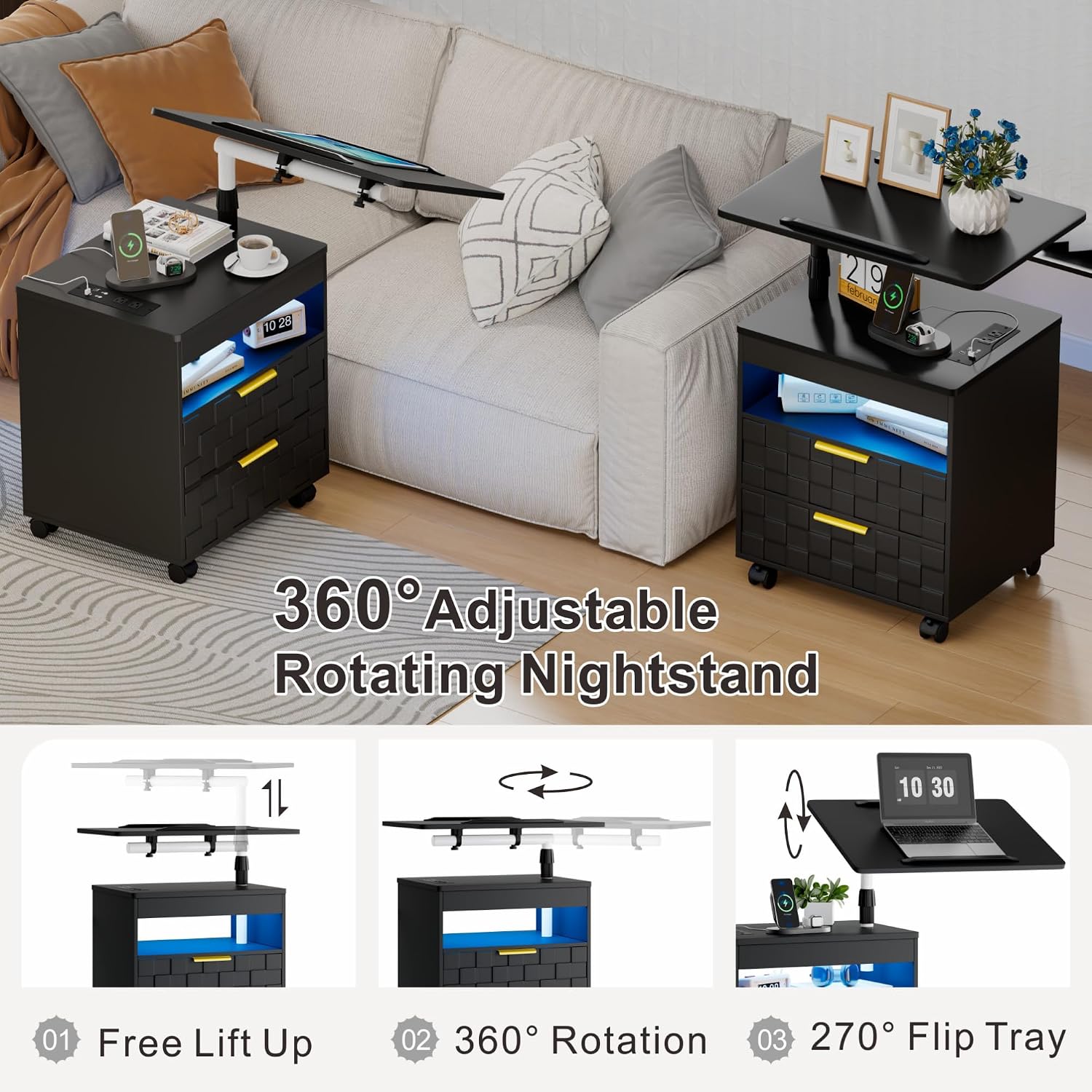 Lareth Height Adjustable Nightstand with Charging Station, LED Bedside Table 2 Drawers, Smart Wooden End Table Dorm Rolling Side Table Laptop Workstaion with Wheels for Bedroom, Black