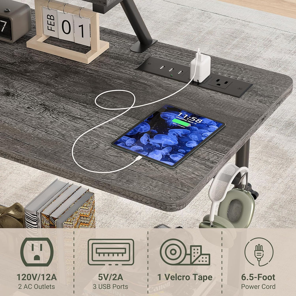 Height Adjustable Standing Desk with Power Outlets and LED Lights - 32' Manual Stand Up Desk with Monitor Stand and Storage Shelves Small Mobile Rolling Computer Desk Portable Laptop Table, Grey Oak