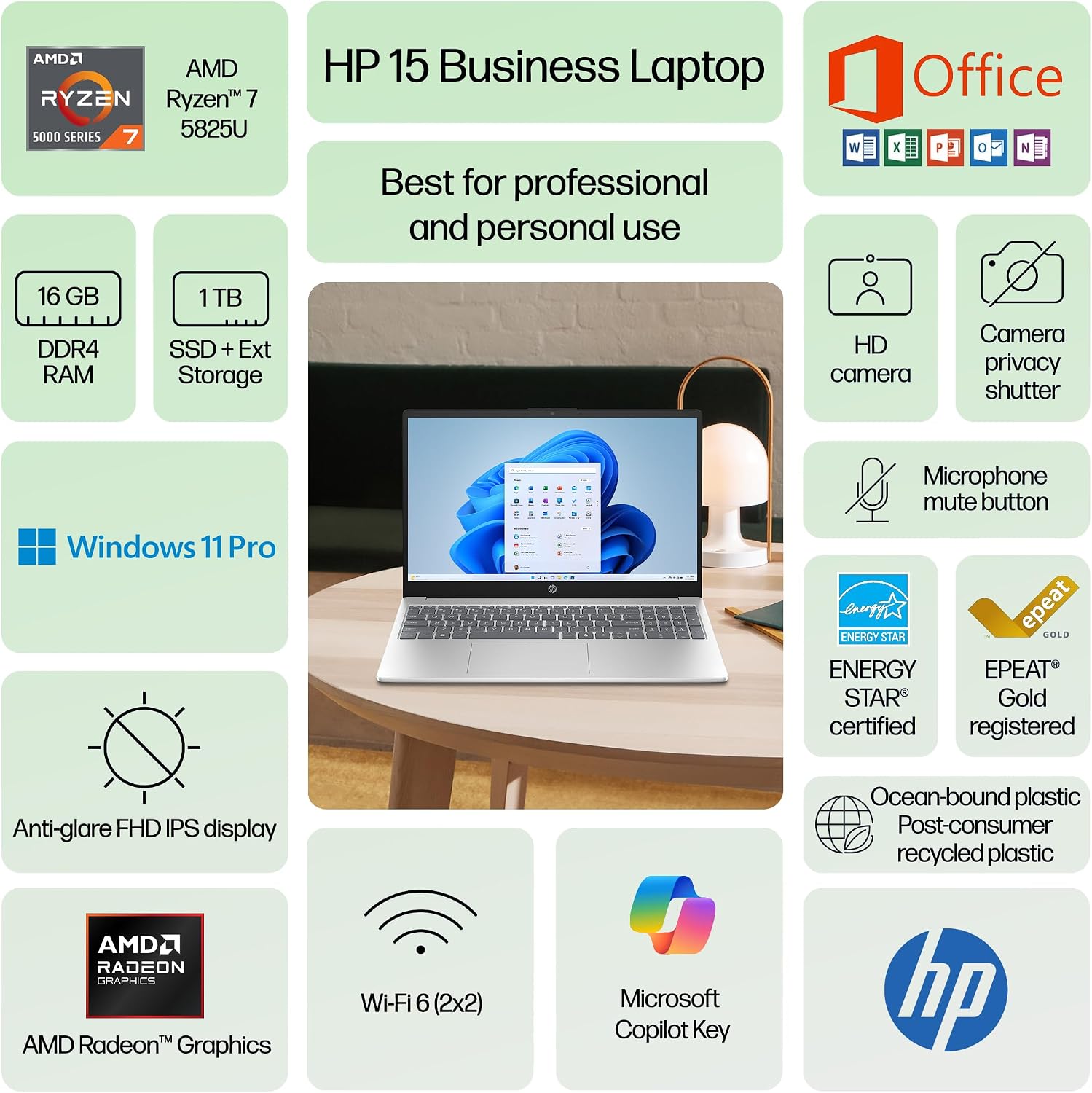 HP Pavilion Business Laptop Computer, Copilot AI, 15.6' FHD IPS Display, 8-Core AMD Ryzen 7, 16GB RAM, 1TB Storage (512GB SSD+500GB Ext), Numeric Keypad, HubxcelAccessory, Win 11 Pro, Lifetime Office