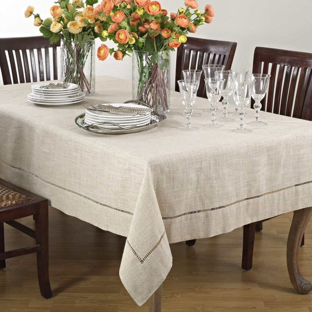 Fennco Styles Handmade Hemstitch Design Natural Tablecloth. One Piece (65'x160' Rectangular)