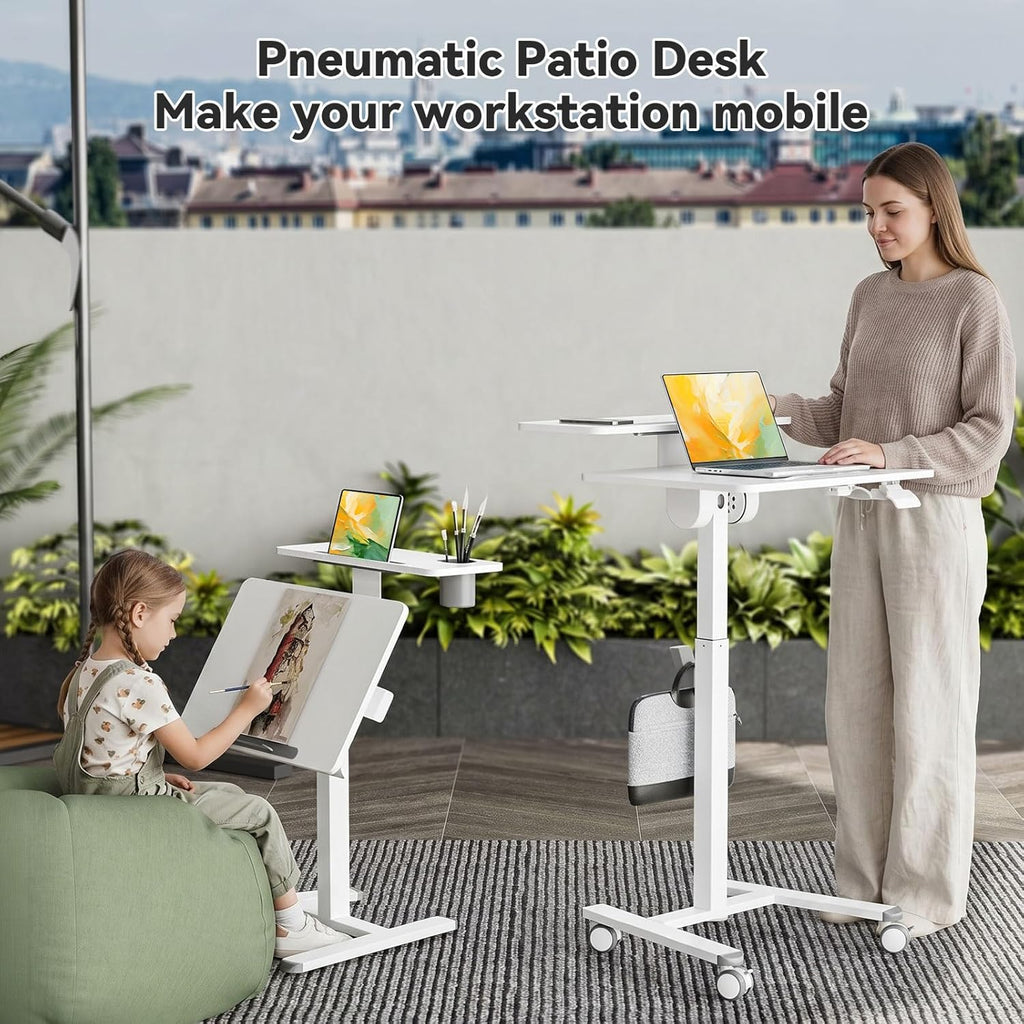 24Inch Rolling Standing Desk On Wheels， Mobile Laptop Stand with Tiltable Desktop， Smaller Computer Workstation Adjustable Height， 2-Tier Portable Study Table with Storage Shelves， White