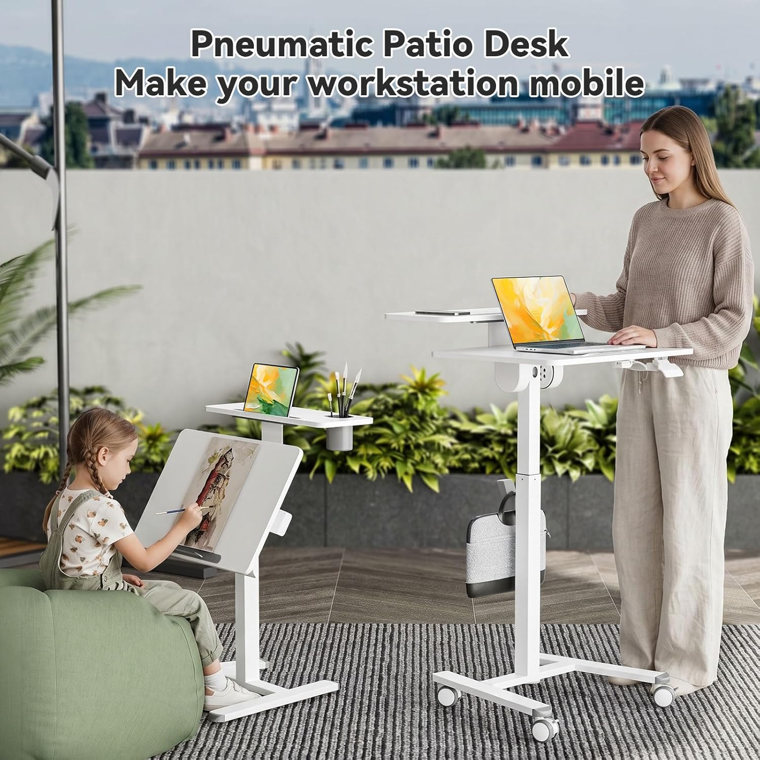 24Inch Rolling Standing Desk On Wheels， Mobile Laptop Stand with Tiltable Desktop， Smaller Computer Workstation Adjustable Height， 2-Tier Portable Study Table with Storage Shelves， White