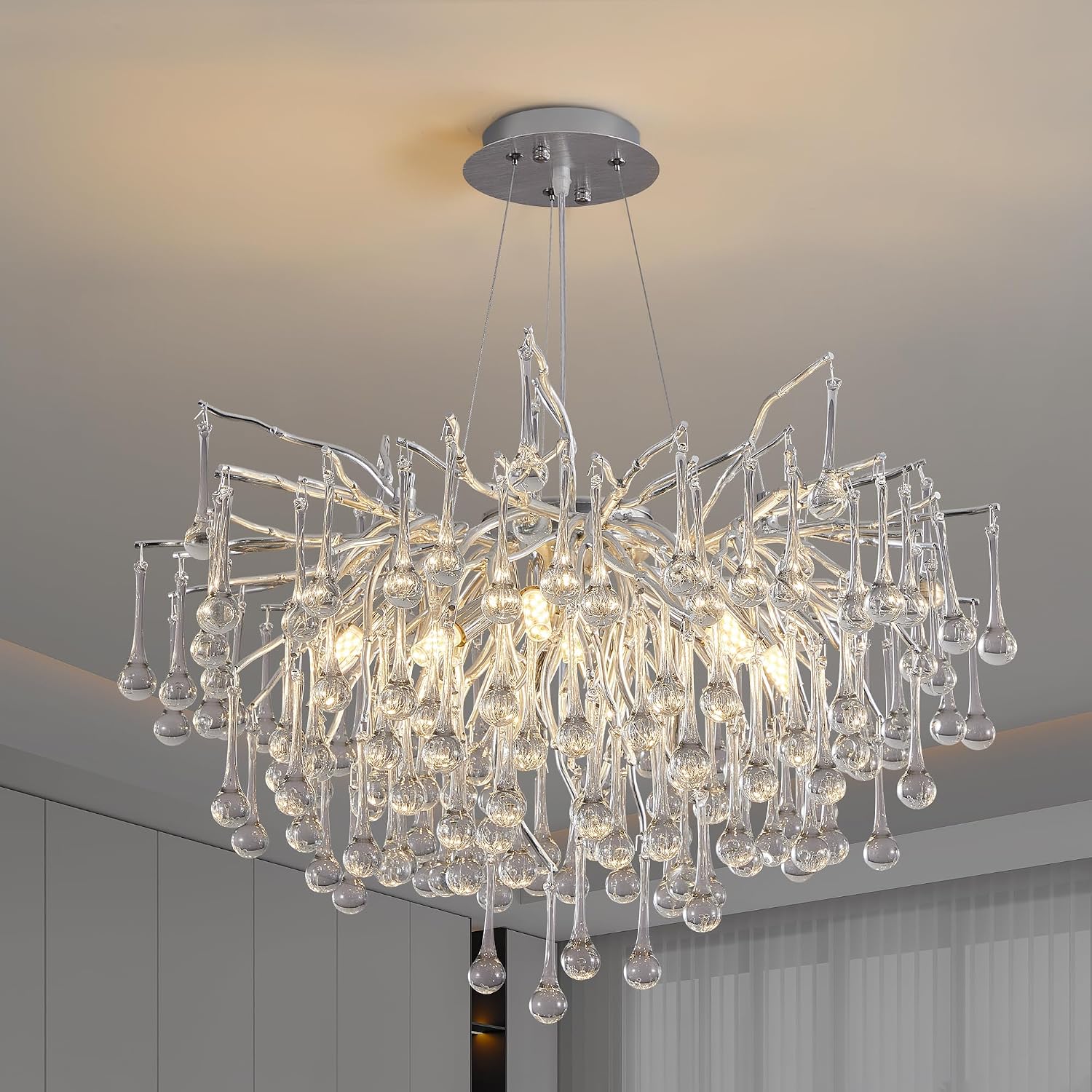 Modern Crystal Raindrop Chandelier, Silver Round Art Deco Tree Branch Lighting Fixture for Dining Room Living Room Foyer 13 Lights D31.5''