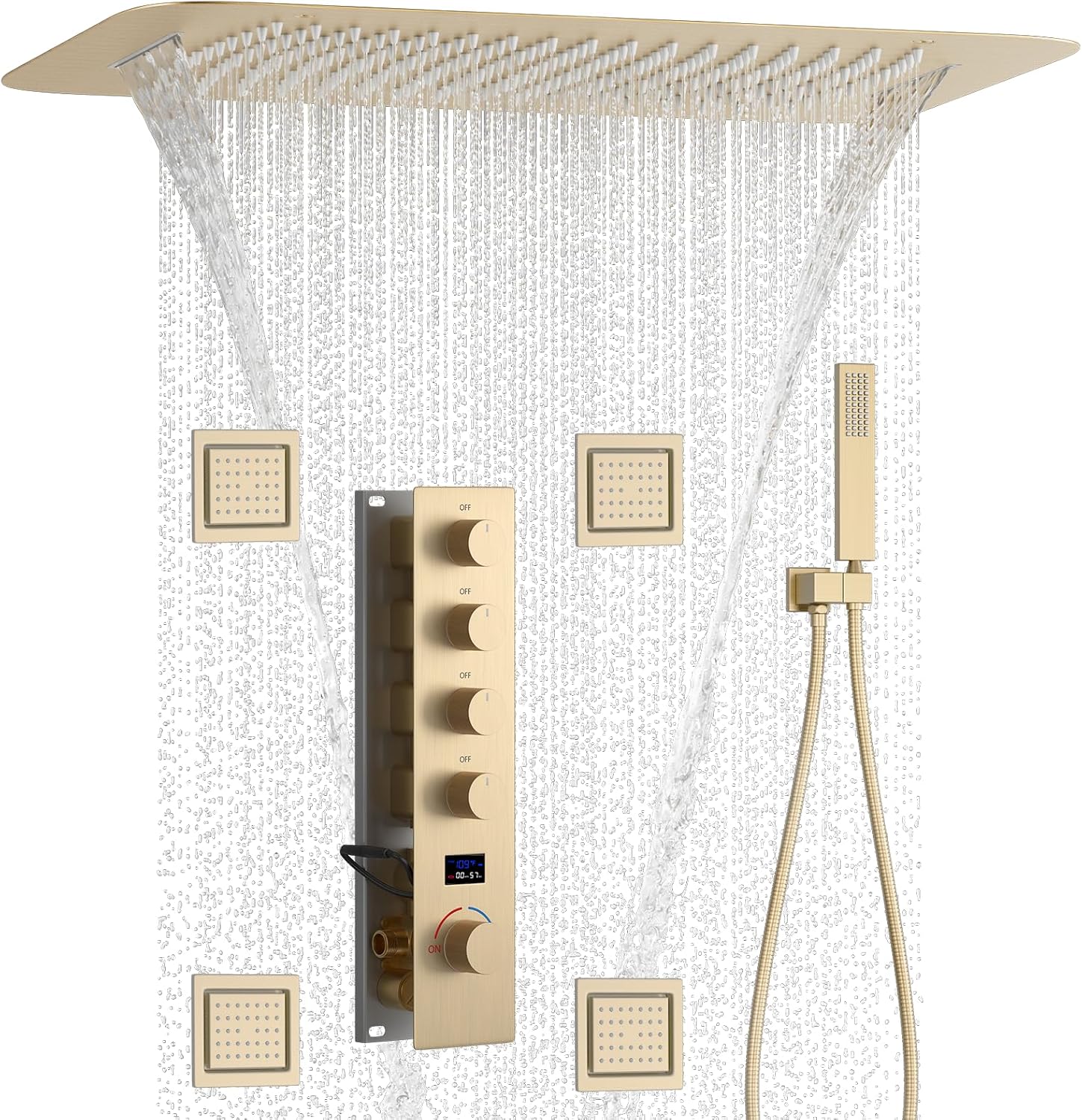 Brushed Gold Digital Display Shower System with 16X24 inch Ceiling Overhead Shower Head(Rain & Waterfall Two Modes), 4 PCS Body Jet and Handheld Spray