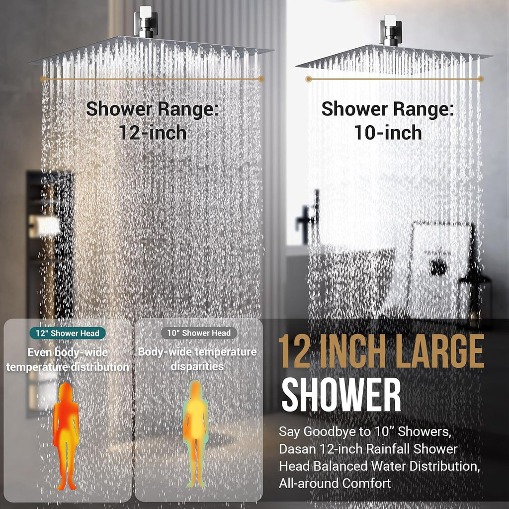 Full Body Rain Shower System with 4 Body Shower Jets & 12'' Wall Mount Rainfall Shower Head & Handheld, DASAN Multi Shower Head System Chrome Rain Shower Faucets sets Combo with Rough-in Valve