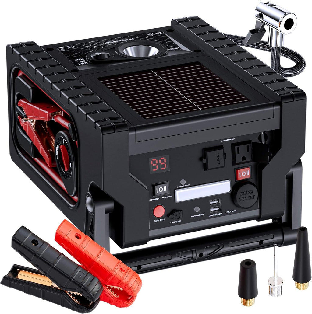 2000A Car Battery Jump Starter with Air Compressor 12V Battery Jumper Box Car Start Booster Up to 10L Gas/8L Diesel Engines with 400W AC Inverter, LED Light