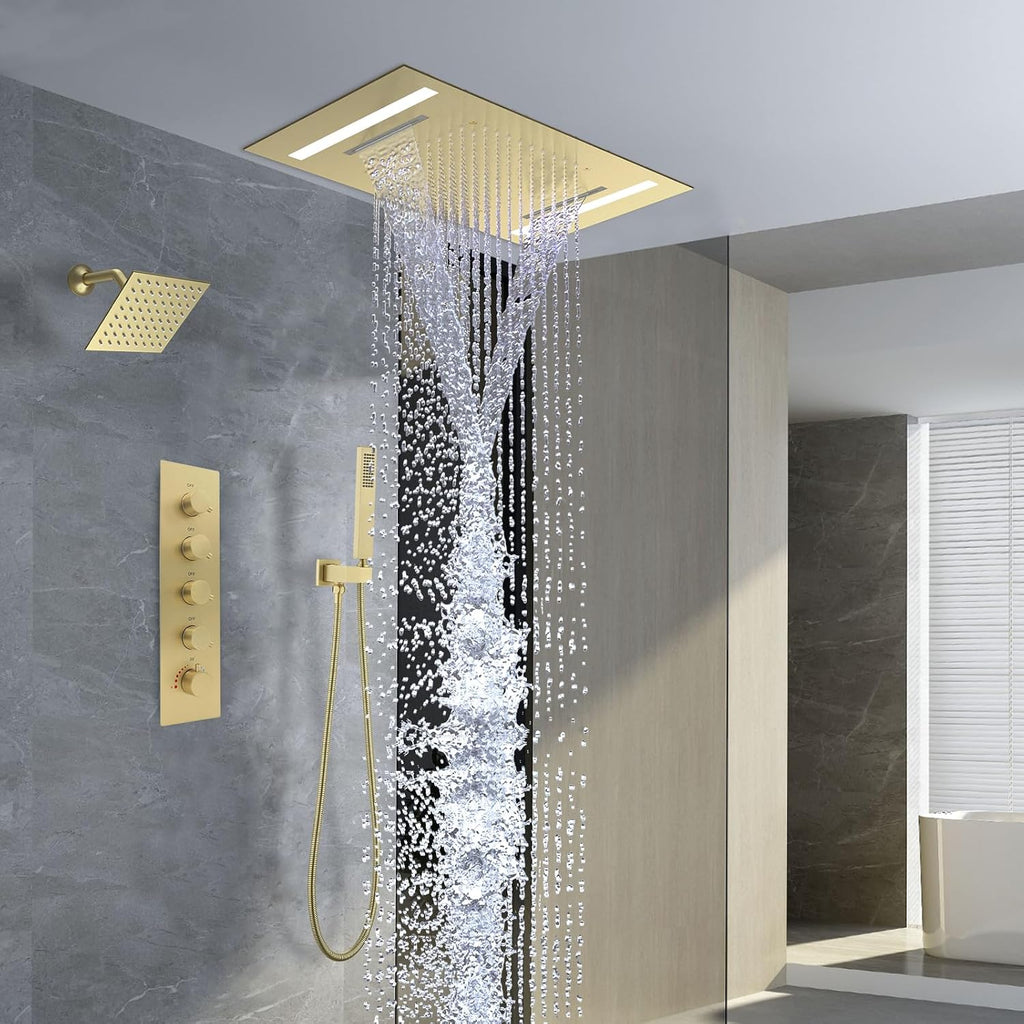 Dual Rain Shower Head Thermostatic Luxury Spa Shower System And Ceiling Mount 14x20 Inch LED 4 Functions with 6 Inch Wall Head Shower Faucet Set,Brushed Gold