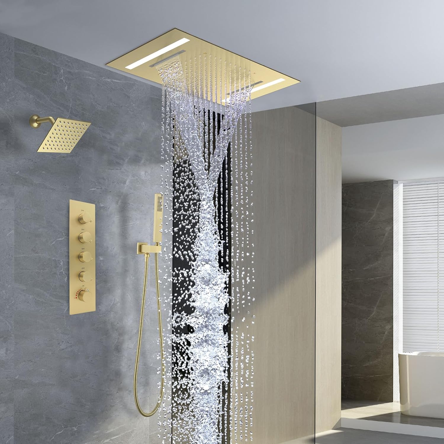 Dual Rain Shower Head Thermostatic Luxury Spa Shower System And Ceiling Mount 14x20 Inch LED 4 Functions with 6 Inch Wall Head Shower Faucet Set,Brushed Gold