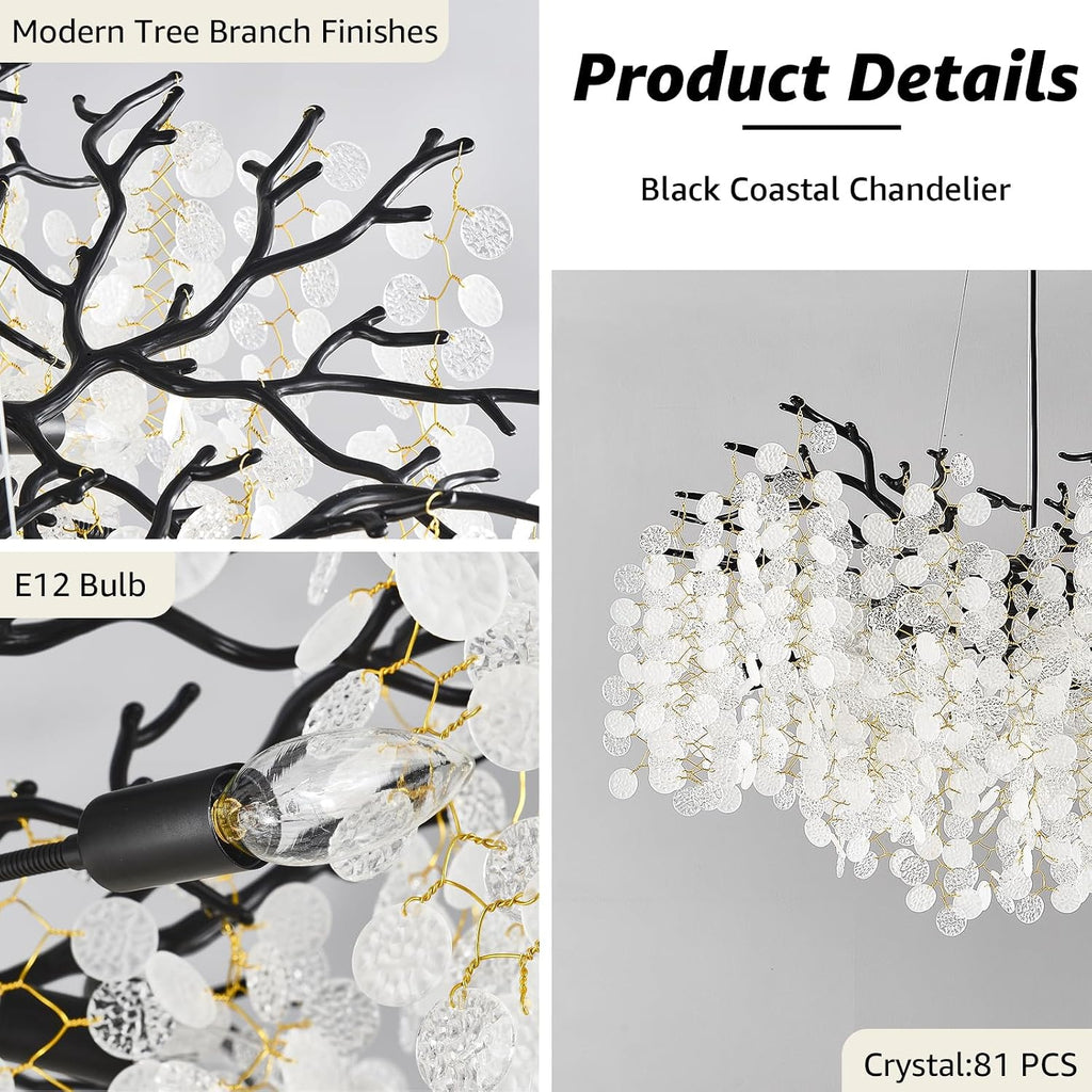 32 Inch Coastal Light Fixture, 10-Light Capiz Shell Chandelier, Modern Black Bedroom Chandeliers, Dining Room Foyer Lighting Fixtures, Boho Chandelier for Living Room Entryway