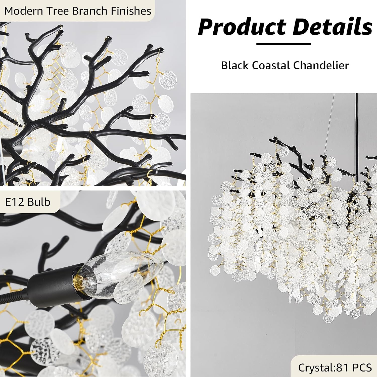 32 Inch Coastal Light Fixture, 10-Light Capiz Shell Chandelier, Modern Black Bedroom Chandeliers, Dining Room Foyer Lighting Fixtures, Boho Chandelier for Living Room Entryway