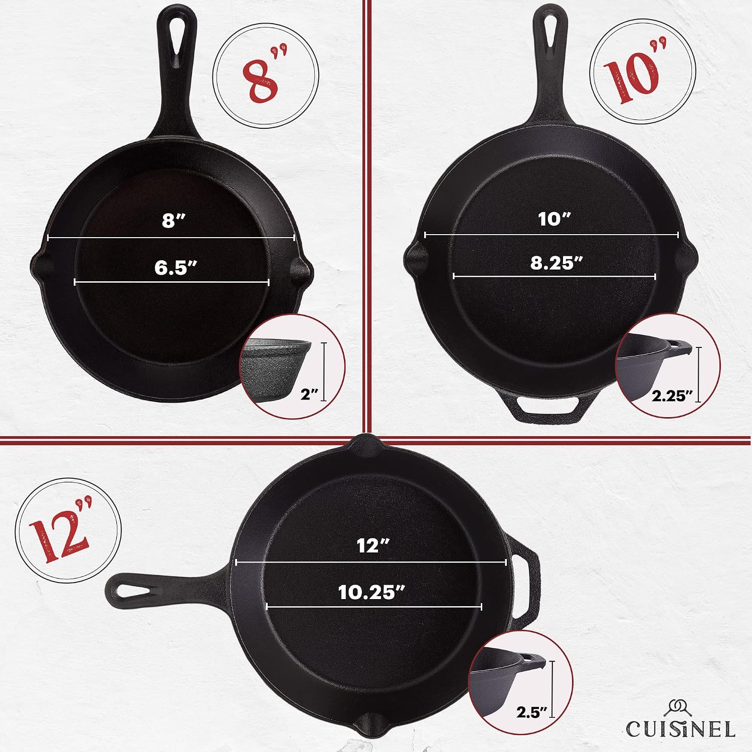 Cuisinel 8'+10'+12'-Inch Cast Iron Skillets Set with Glass Lids + Silicone Handle Holder Covers + Pan Scraper - Pre-Seasoned Oven Cookware - Use Indoor/Outdoor, Grill, Stovetop, Camping Fire, Oven