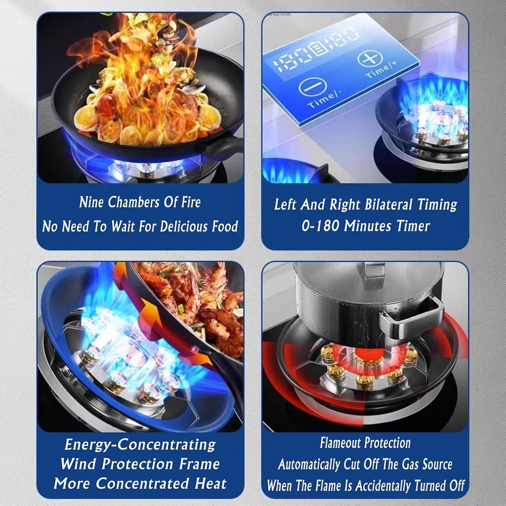 NIKKHO Gas Stove 2 Burners,Built-in Black Glass Gas Hob with Timer and Flame Failure Protection,NG/LPG Convertible,Desktop/Embedded Pulse Ignition (Color : LPG), 54768
