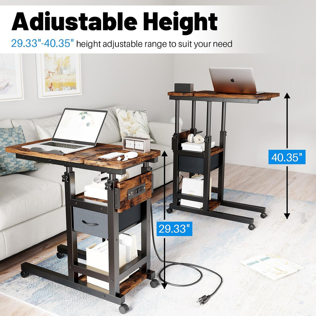 Height Adjustable Overbed Table with Wheel and Charging Station, Tiltable Desk C Shaped End Table for Couch, 2-Tier Overbed Bedside Desk with Storage Shelve for Living Room Bedroom