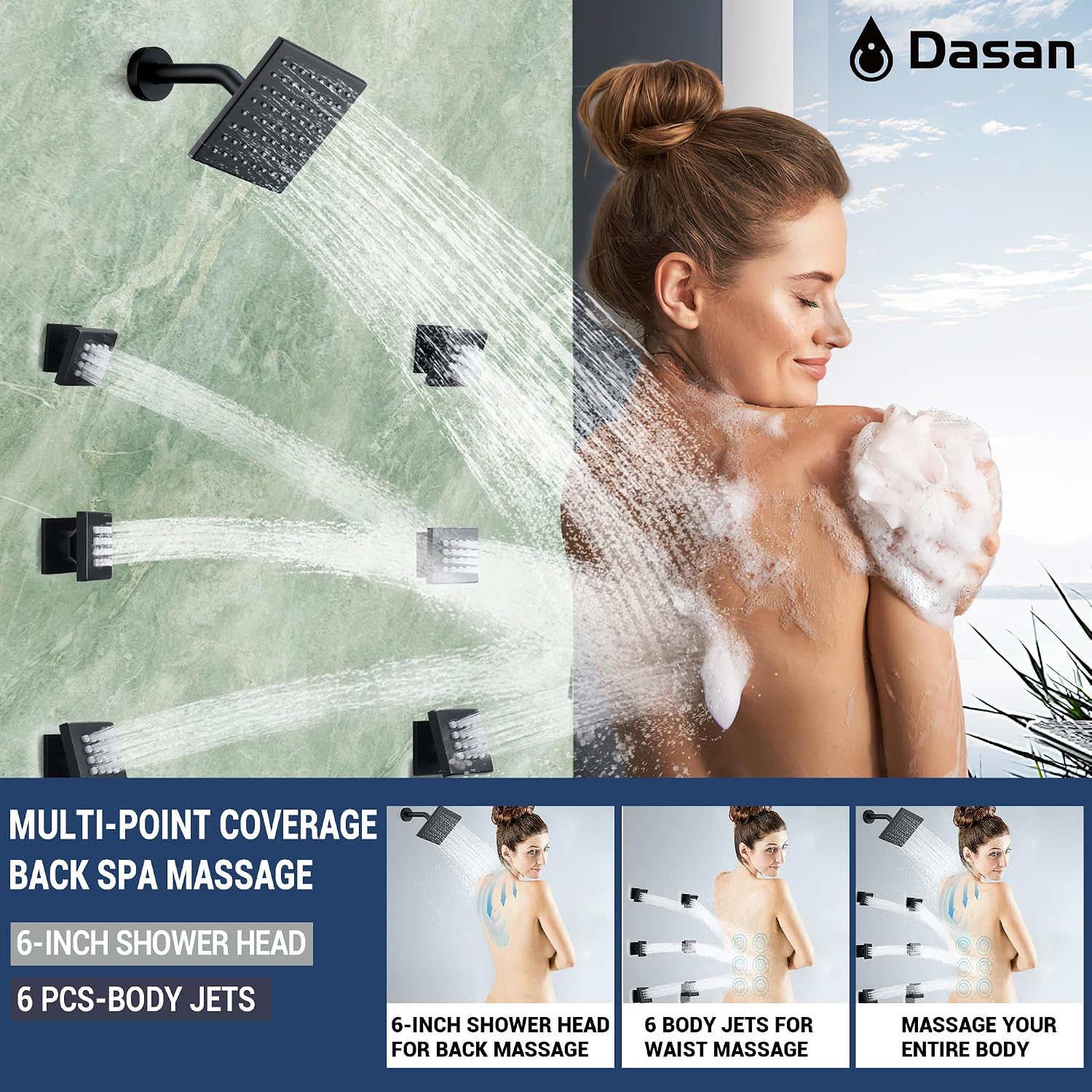 Dasan Thermostatic Dual Shower Head System with 6 Body Jets, 6-Inch Shower Head & 16' Rainfall Shower, Luxury Matte Black Shower Faucet Set Rain Shower Head System for Couples/ 2-Person