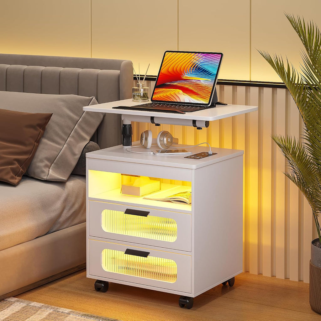 HNEBC LED Nightstand Set of 2 with Charging Station & Adjustable Overbed Desk, 3 Color LED Lights & Body Sensor, Mobile Bedside Table with Wheels, 2 Drawers & Open Shelf for Bedroom(White)