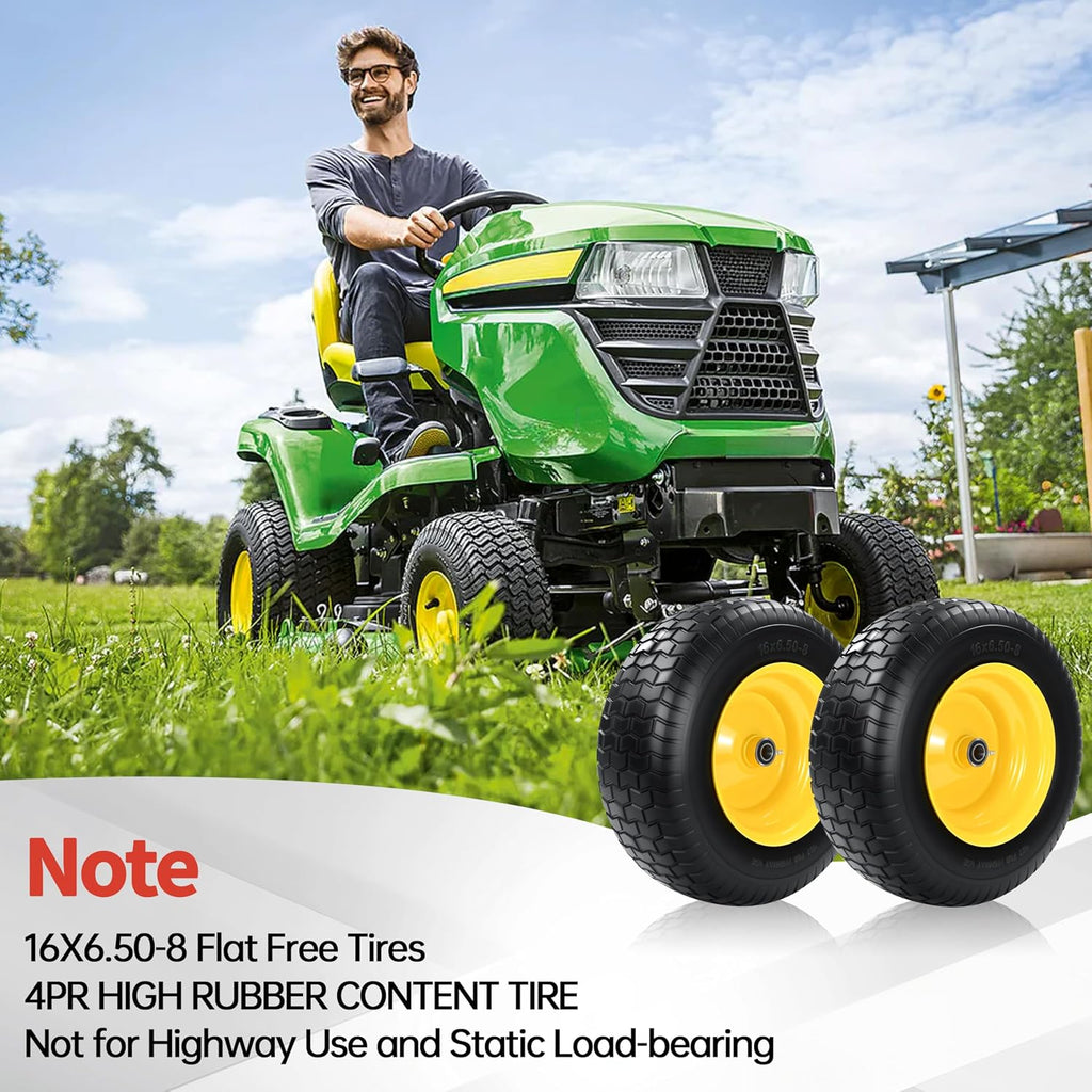 2 PCS 16x6.50-8 Flat Free Riding Lawn Mower Tire and Wheel with 1' Bushing, 3/4'Bearing，3-5'Offset Hub, Relacement 16x6.5-8 Solid Turf Tire with Rim for Lawn Mowers and Garden Tractor Front Assembly
