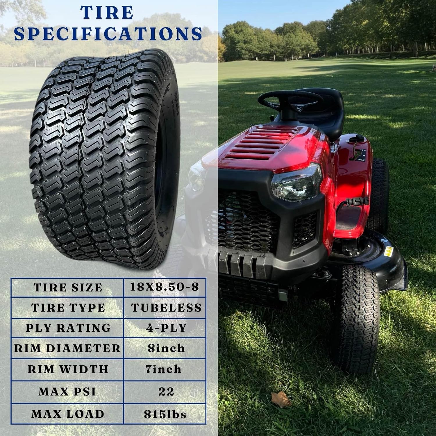 Dayrim 18x8.50-8 Lawn Mower Tires, Set of 2, 4-Ply Tubeless Turf Tread, for Garden Tractor & Riding Mower, Golf Cart Tires 18x8.50-8(Pack of 2))