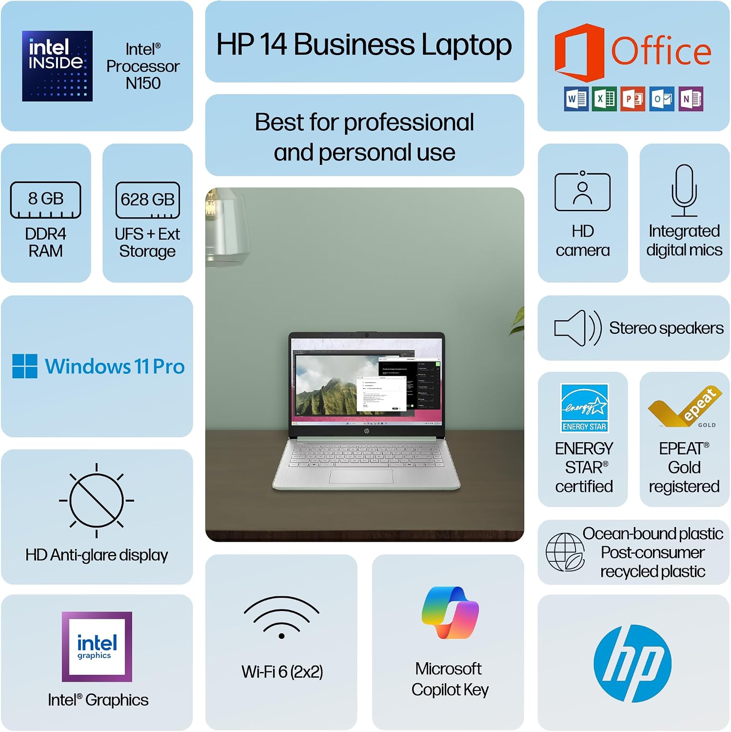HP 14' Laptop Computer 2025-2026 Business Student, Copilot AI, Lifetime Office, 4-Core Intel CPU, 8GB RAM, 628GB Storage (128GB UFS +500GB Ext), Wi-Fi 6, 10+ Hrs, MarxsolAccessory, Win 11 Pro, Green