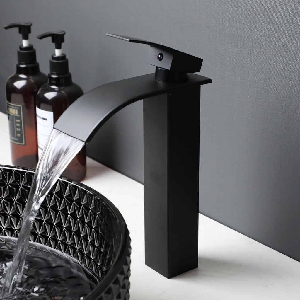Black Crystal Bathroom Vessel Sink with Waterfall Faucet and Drain Combo,16 Inch Diamond Shaped Tempered Glass Sink Above Counter Round Bathroom Sink Bowl Art Basin