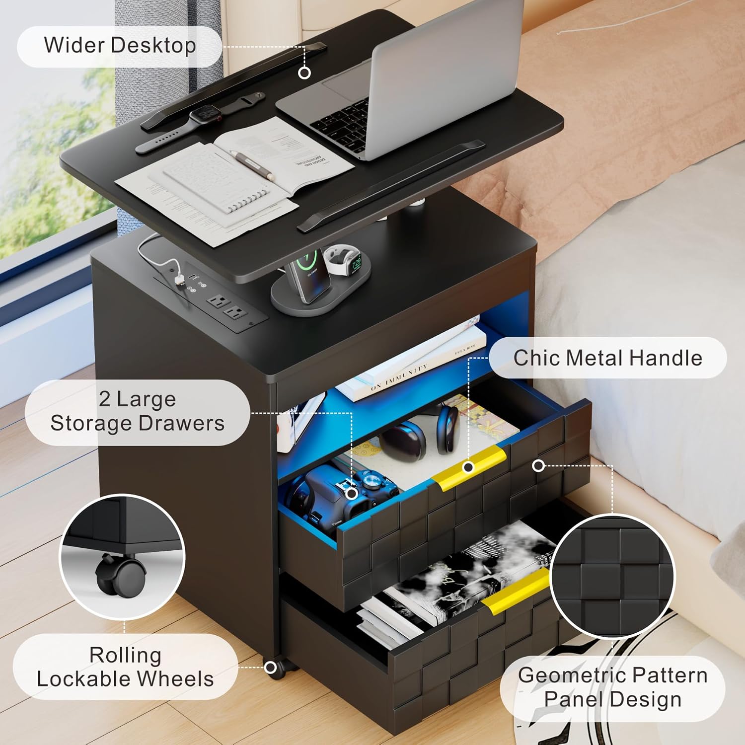 Lareth Nightstand Set of 2 with Drawers & Wheels, Smart Night Stands with Charging Station, Height Adjustable LED End Table, Rolling Bedside Table Set for Bedrooms, Black