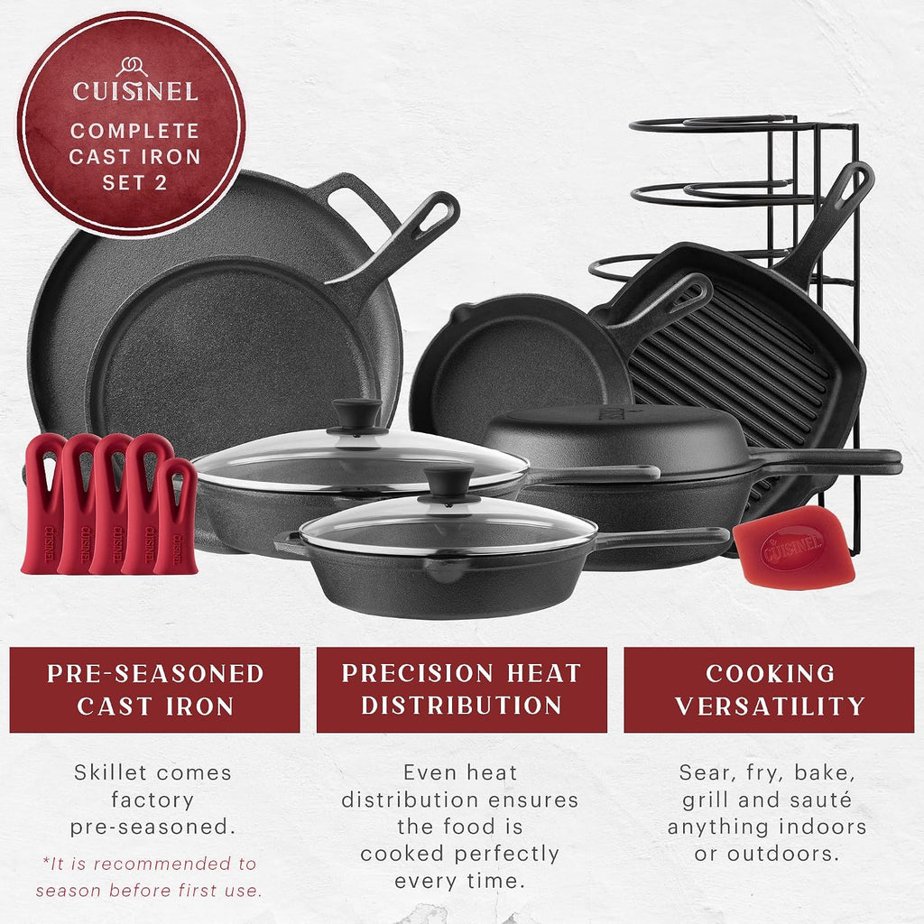 Cuisinel Cast Iron Cookware Set - Complete Pre-Seasoned Kit - 8' Skillet + 10'+12' Skillets with Glass Lid + Grill Pan + Multi-Cooker/Dutch Oven + Flat Griddle + Pizza Pan + Rack Organizer - 2024