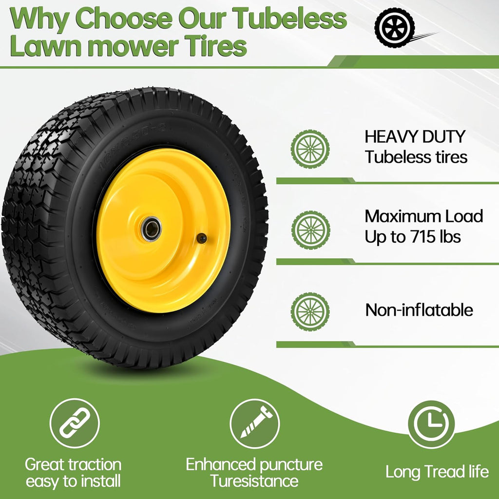 2 PCS 16x6.50-8 Tubeless Tire and Wheel, 3'-5'Offset Hub,with 3/4'Bearing 1'Bushing, Universal Fit Riding Lawn Mowers and Garden Tractor Front Wheel Assembly,4 Ply 16x6.5-8 Lawn Mower Tires,35 Psi