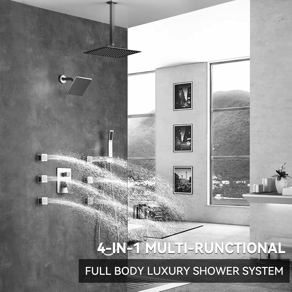 Shower System Brushed Nickel Dual Shower Head with Body Jets, Oupukle Four Modes Shower Faucet Set Ceiling Mount 12' Rain Shower Head & 6' Wall Mounted Head with 6PCS Body Jets