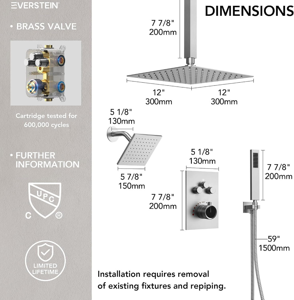 Ceiling Mount 12' High-Pressure Rainfall Shower Faucet, Dual Rainfall Shower Head System with Valve (Brushed Nickel)