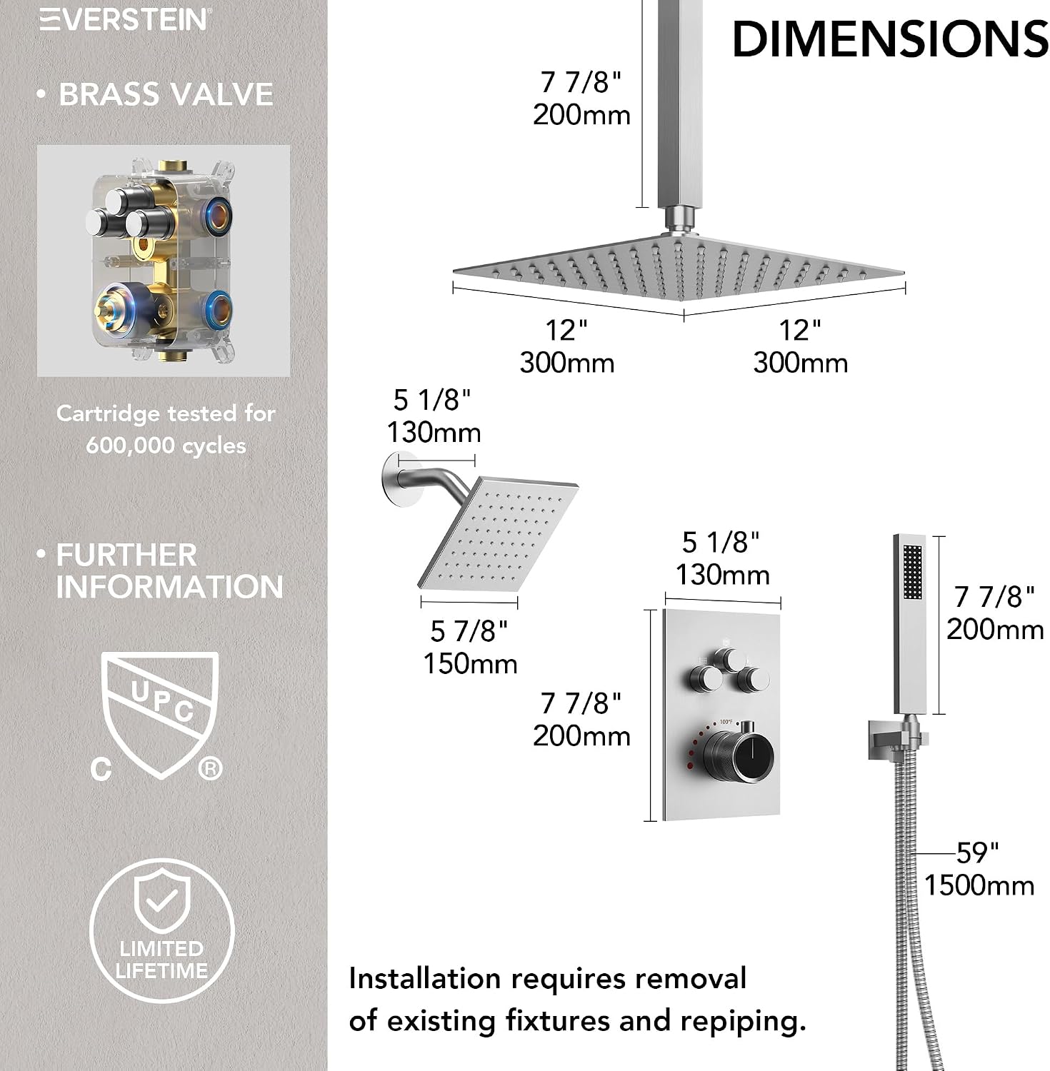 Ceiling Mount 12' High-Pressure Rainfall Shower Faucet, Dual Rainfall Shower Head System with Valve (Brushed Nickel)