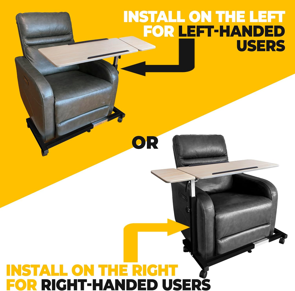 Recliner Table, Over the Bed Table with Wheels, Adjustable Width & Height, with Split Tilt Design & 4 Caster Wheels with Brakes (Beechwood Tabletop, Black Base)