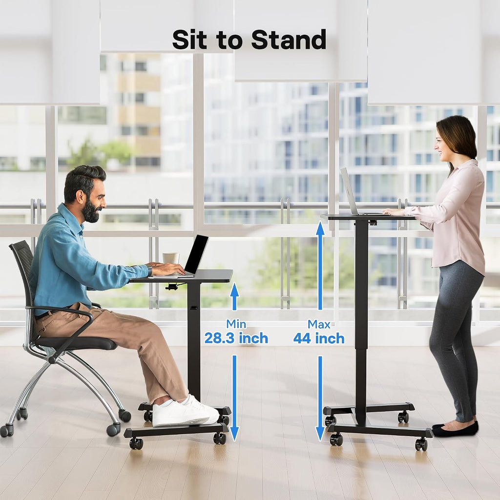 BONTEC Mobile Standing Desk Adjustable Height, Rolling Laptop Cart with Hook, Portable Workstation with Pneumatic Lift, Ergonomic Table with Wheels, Compact Home Office Desk, Black 25.6' x 17.7'