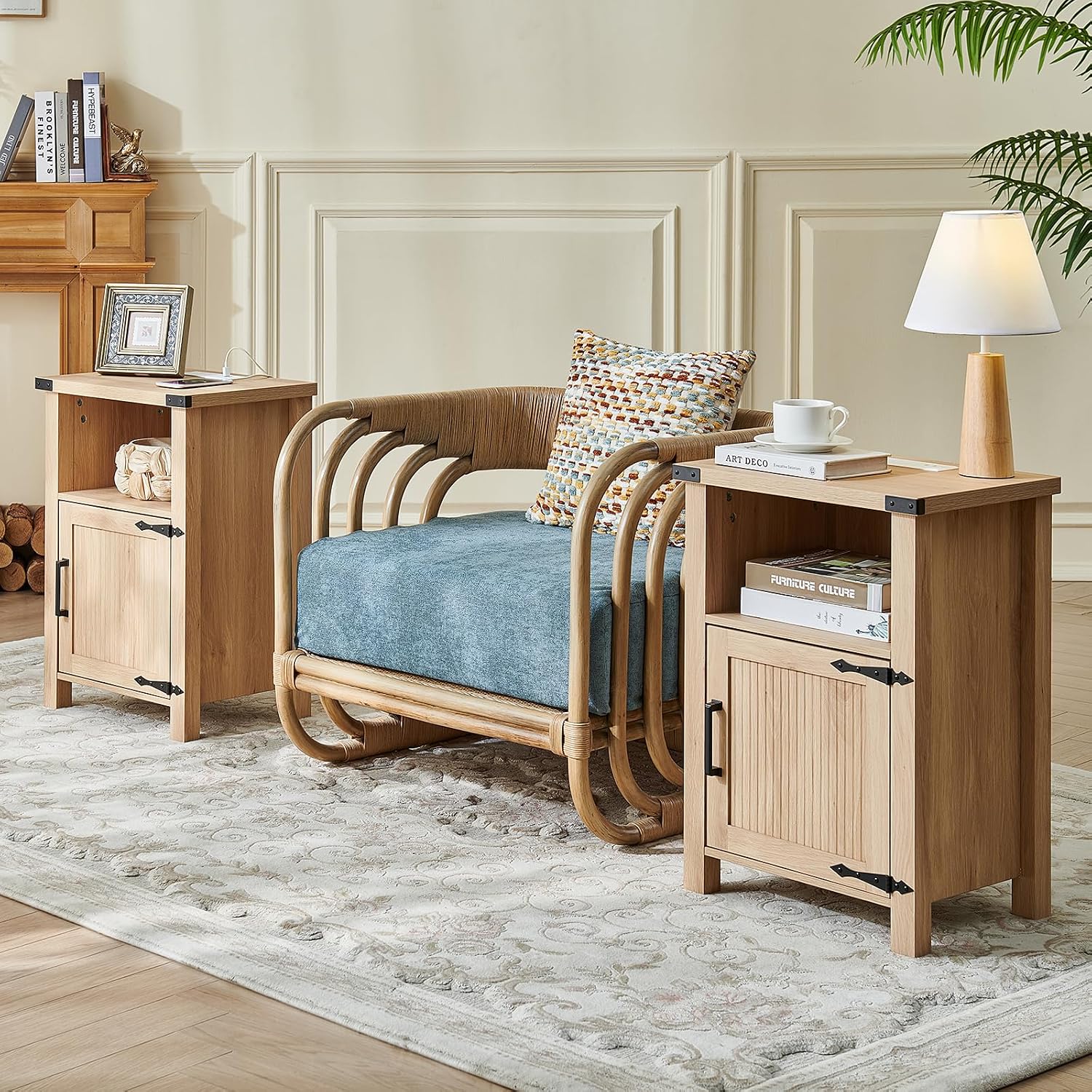 Joaxswe Boho Fluted Nightstand Set of 2 for Bedroom, 18' Rustic Night Stand with Charging Station, Modern Accent Bedside Tables with Open Storage Shelf & Door, Wooden End Table for Home, Natural Oak