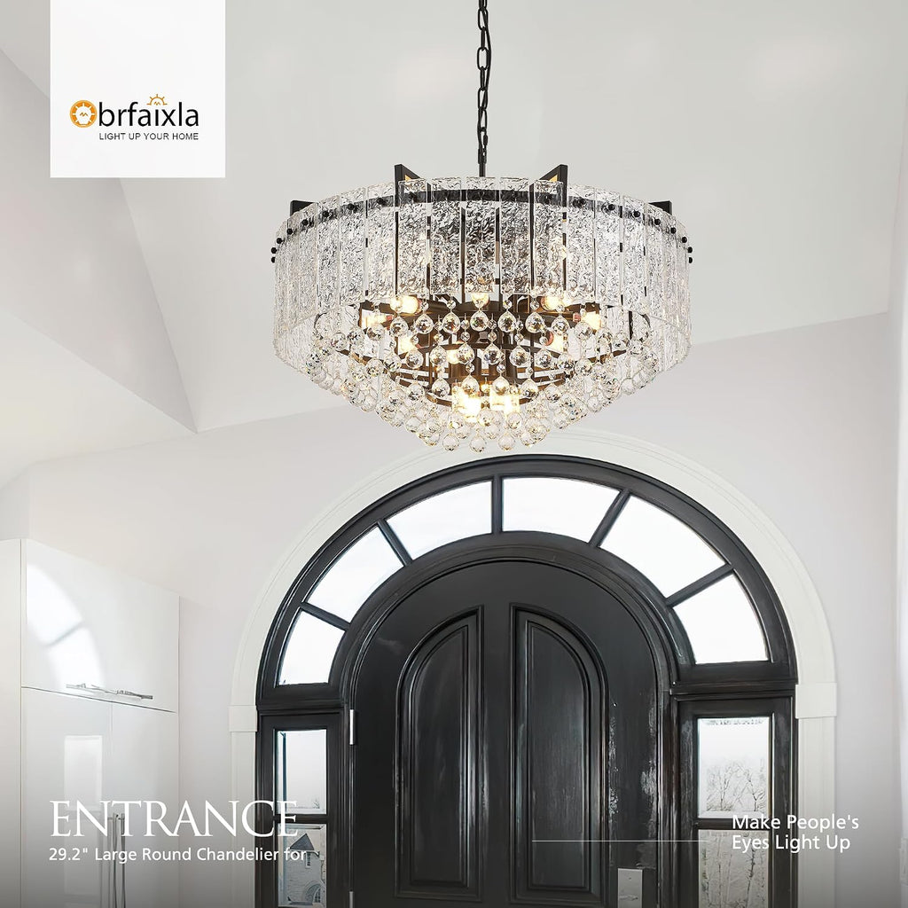 29.2' 16-Light Modern Glass Chandelier Light Fixtures Large Black 4-Tier Crystal Beads Chandeliers for Dining Room Round Hanging Ceiling Pendant Lighting for Bedroom Entryway Foyer Stairway