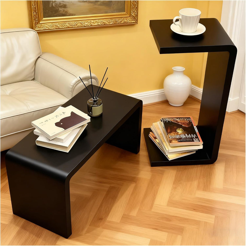 C Shaped End Table, Solid Wood Sofa Side Table for Couch, Bed, and Living Room, Space-Saving Small Snack Table for Bedroom, Office, or Balcony, Wooden Nightstand for Laptop and Narrow Spaces