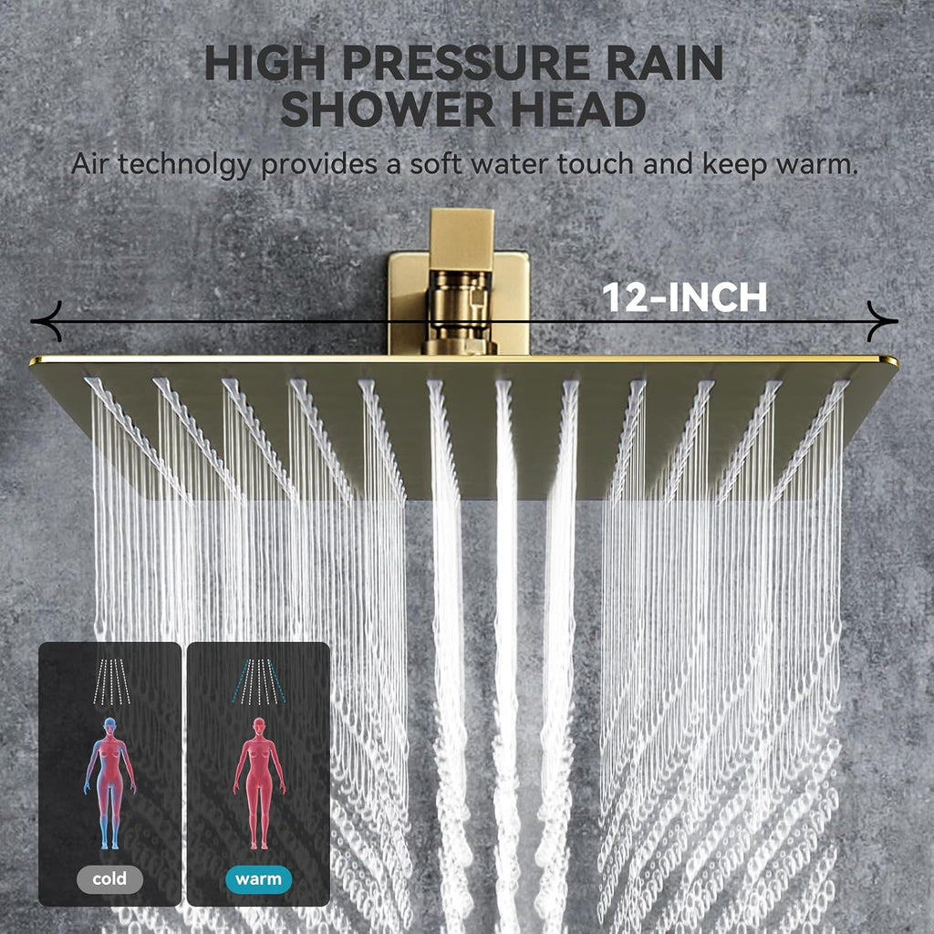 Rain Shower System With Complete 6 Pcs Body Sprays Jets And Pressured Balance Rough-in Valve,12Inch Rainfall Shower Head And Handheld, Modern Brushed Gold Wall Mount Shower Faucets Sets