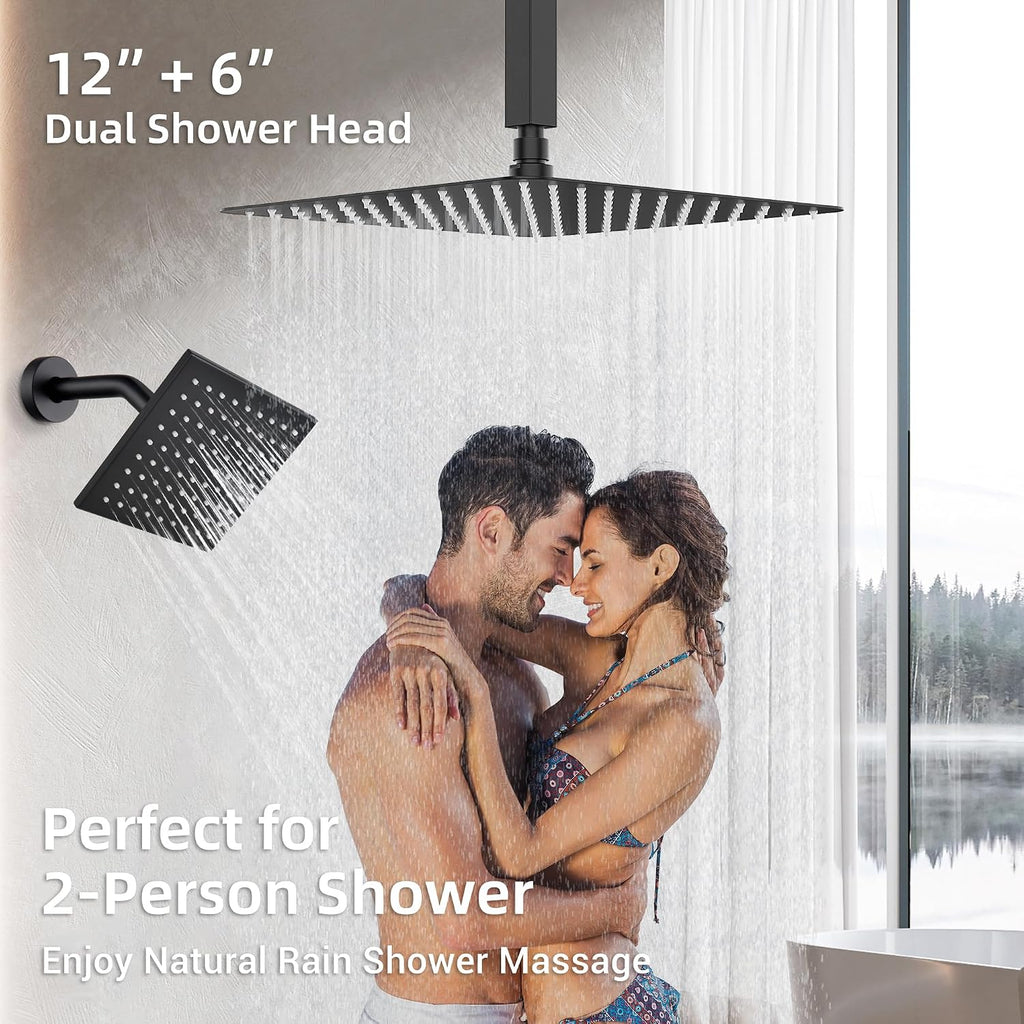 Dasan Matte Black Dual Shower Heads System with Ceiling 12-Inch Rainfall Shower & Wall Mount 6-Inch High Pressure Shower Head, Full Body Dual Shower Set with Handheld Sprayer, 3-Function Shower Faucet