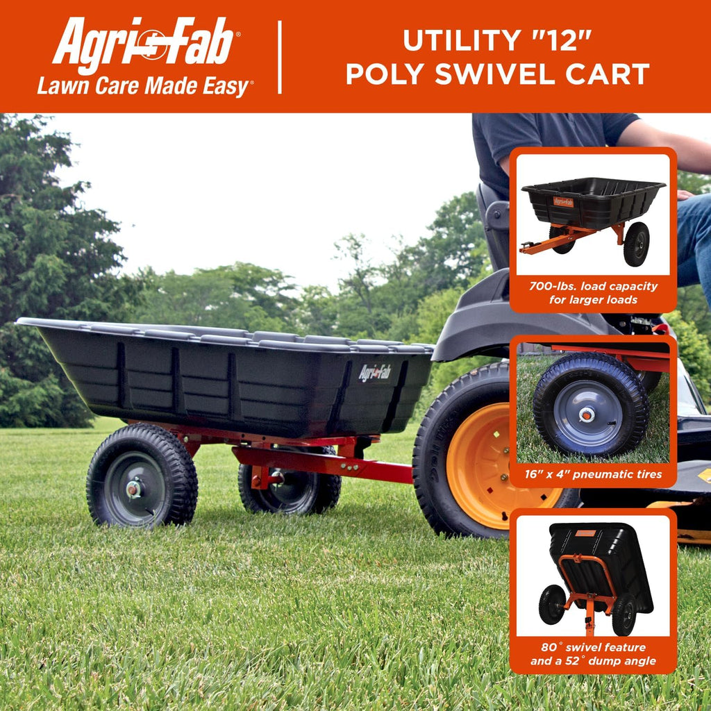 Agri-Fab 45-0573 700 lbs Tow Behind Poly Dump/Swivel Cart; Lawn & Garden Cart/Trailer for Lawn Mowers, 16' Pneumatics Tires, Easy to Use Foot Dumping Mechanism