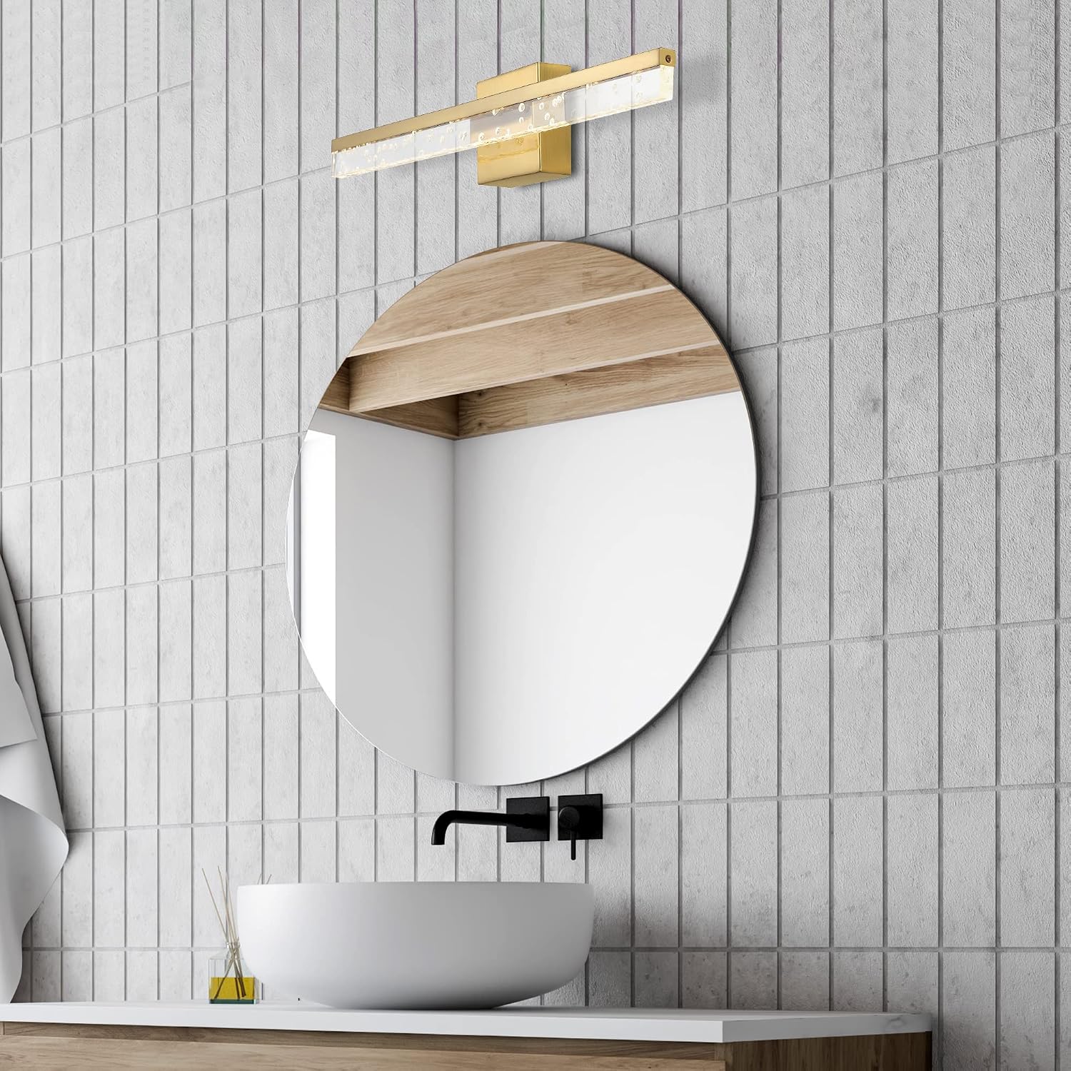 JONATHAN Y 22' Brass Gold/Clear Modern Integrated LED Vanity Light, Rotatable Wall Sconce for Bathroom Mirror, 3000K Dimmable Hardwired Fixture with Clear Seeded Acrylic Shade (JYL7128B)