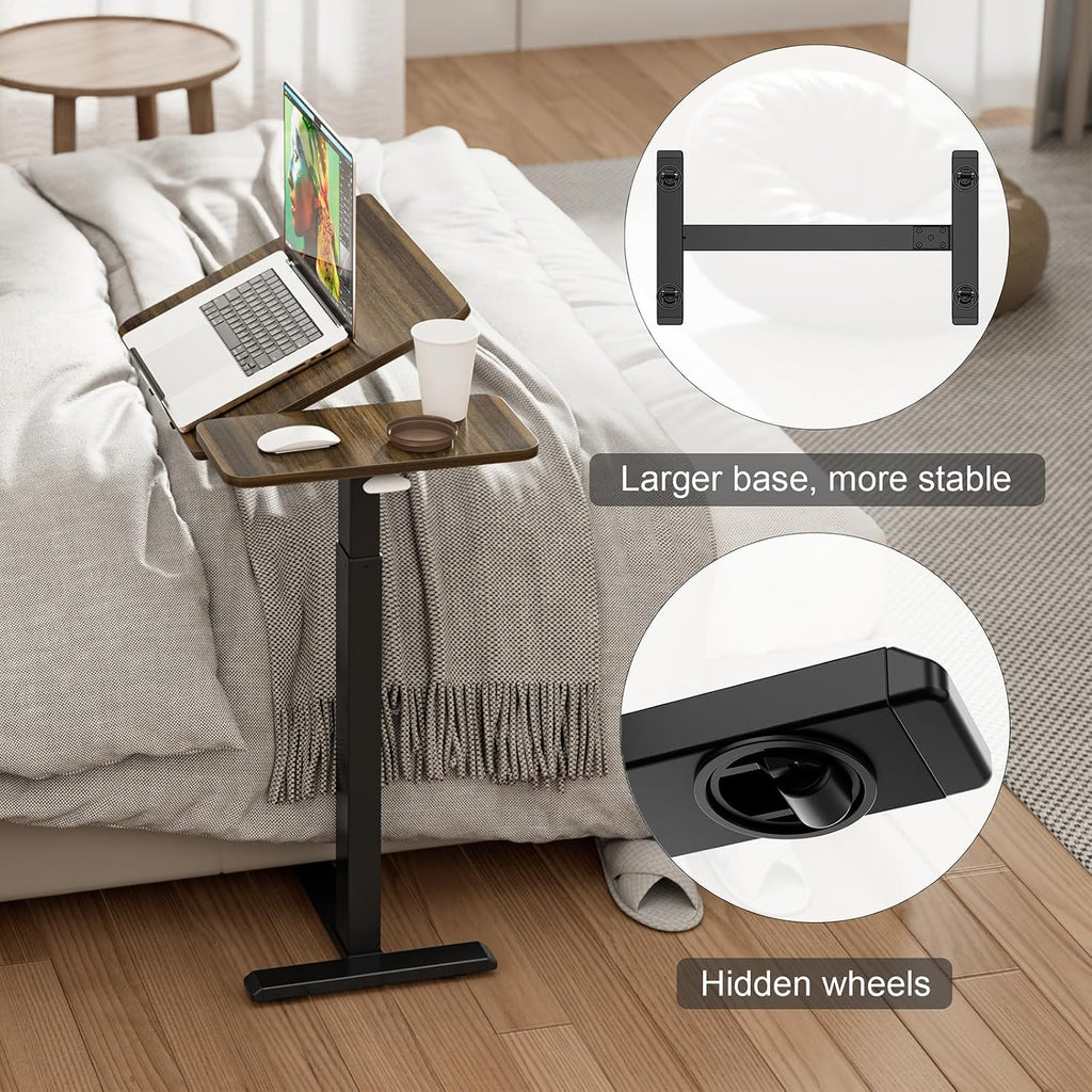 Ywin Medical Adjustable Tilt Overbed Bedside Table with Wheels, Swivel Portable Tray Table (27.6' W x 15.8' D), Small Standing Desk for Bedroom, Hospital, Couch, Office Use, Black Walnut