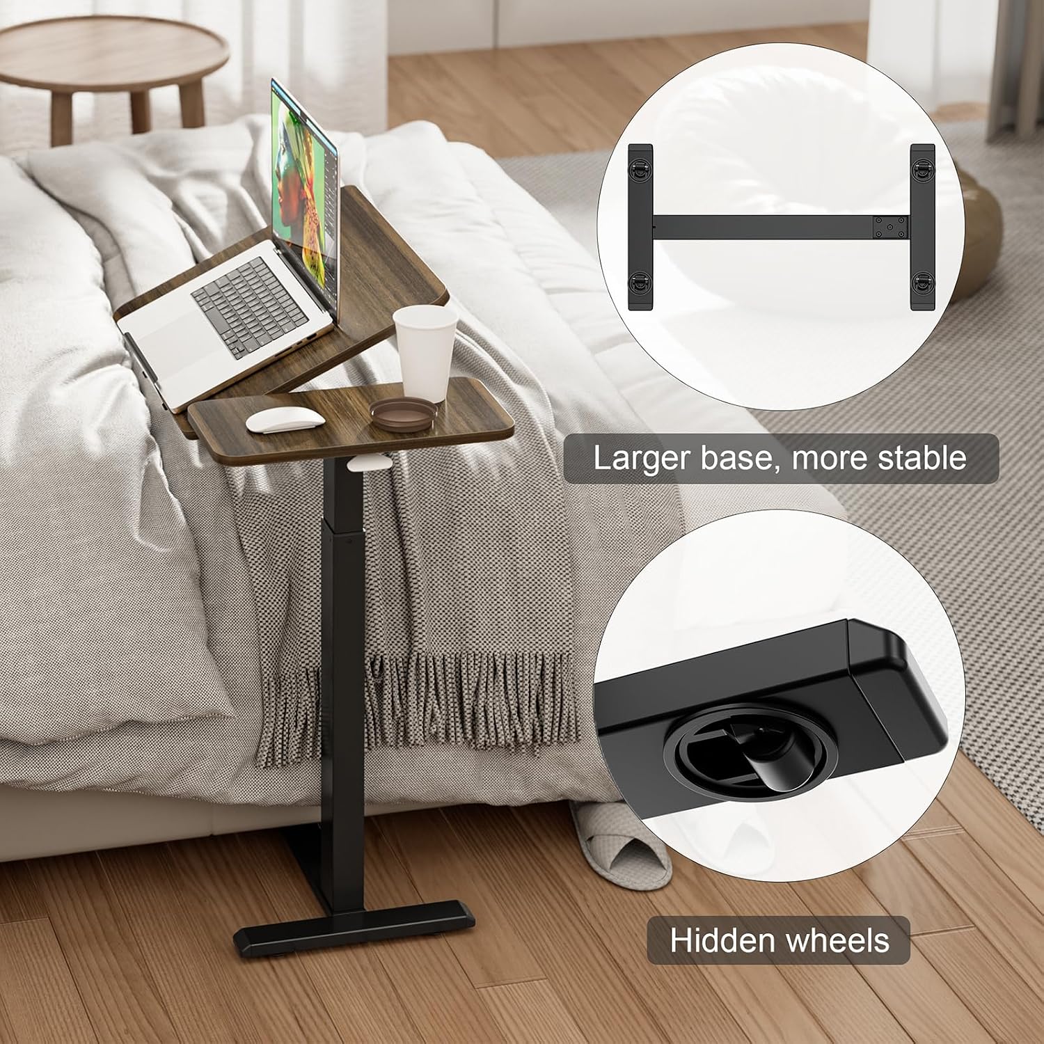 Ywin Medical Adjustable Tilt Overbed Bedside Table with Wheels, Swivel Portable Tray Table (27.6' W x 15.8' D), Small Standing Desk for Bedroom, Hospital, Couch, Office Use, Black Walnut