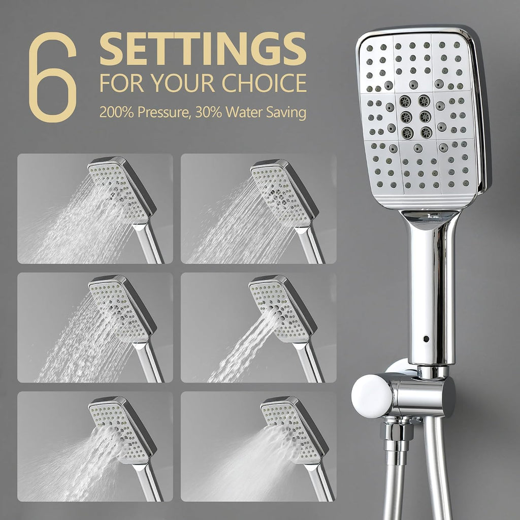 Shower Faucet Set - 12 inches Rain Shower System with 6 Function Handheld Shower Head Rough in Pressure Balance Valve Kit - Stainless Steel Bathroom Shower Kit Complete （Polished Chrome）