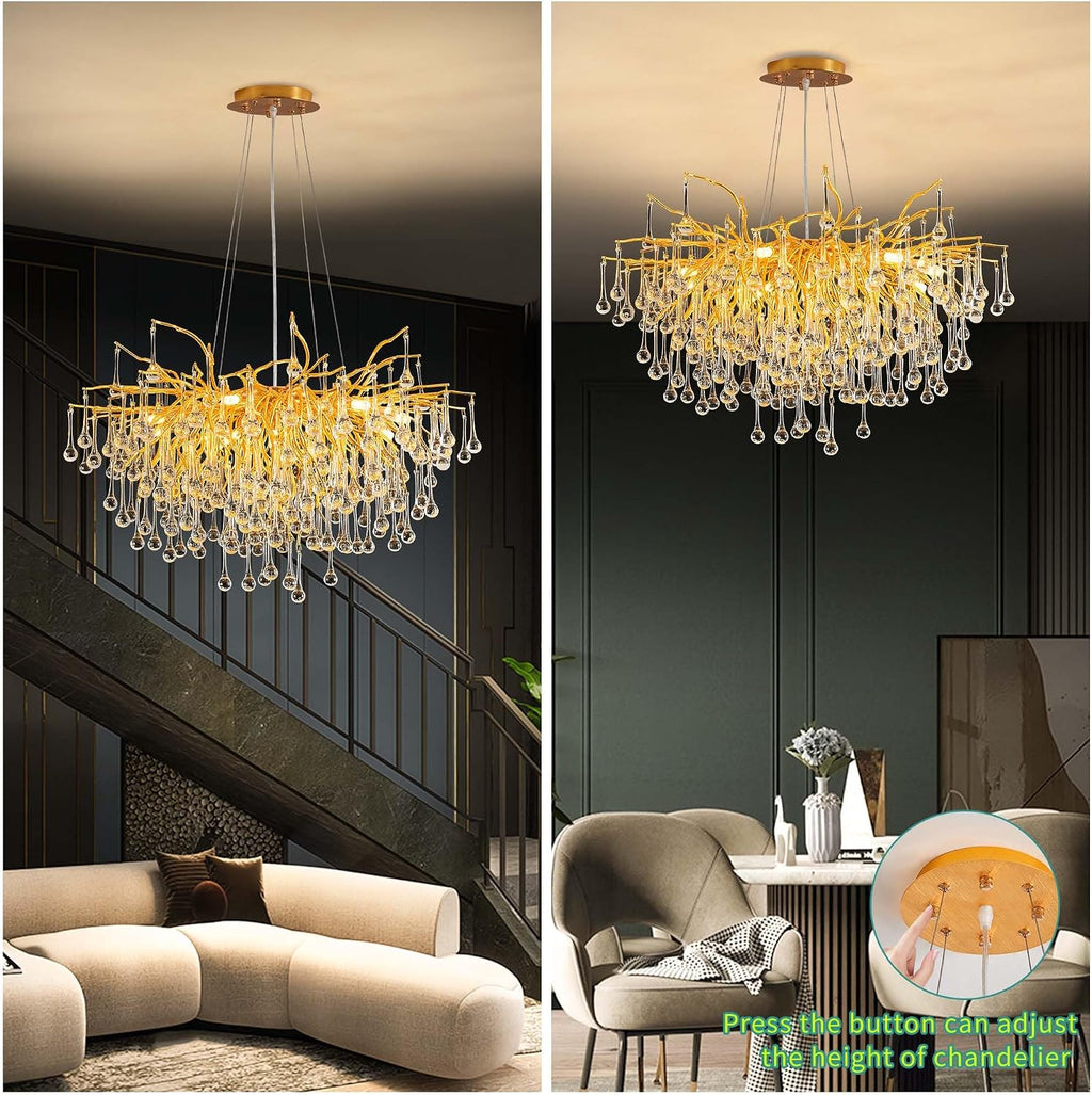 Modern Crystal Raindrop Chandelier, Gold Round Art Deco Tree Branch Lighting Fixture for Dining Room Living Room Foyer 13 Lights D31.5''
