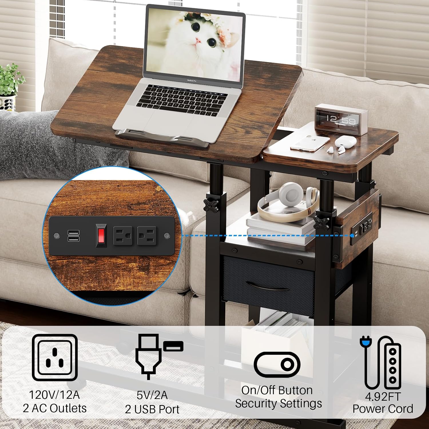 Height Adjustable Overbed Table with Wheel and Charging Station, Tiltable Desk C Shaped End Table for Couch, 2-Tier Overbed Bedside Desk with Storage Shelve for Living Room Bedroom