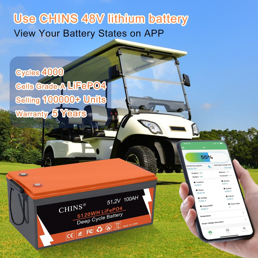 CHINS 48 Volt 100AH Lithium Battery for Golf Cart with 48V 18A Charger, Monitor, Built-in Bluetooth 200A BMS, 48V Golf Cart Battery with 10.24kW Output