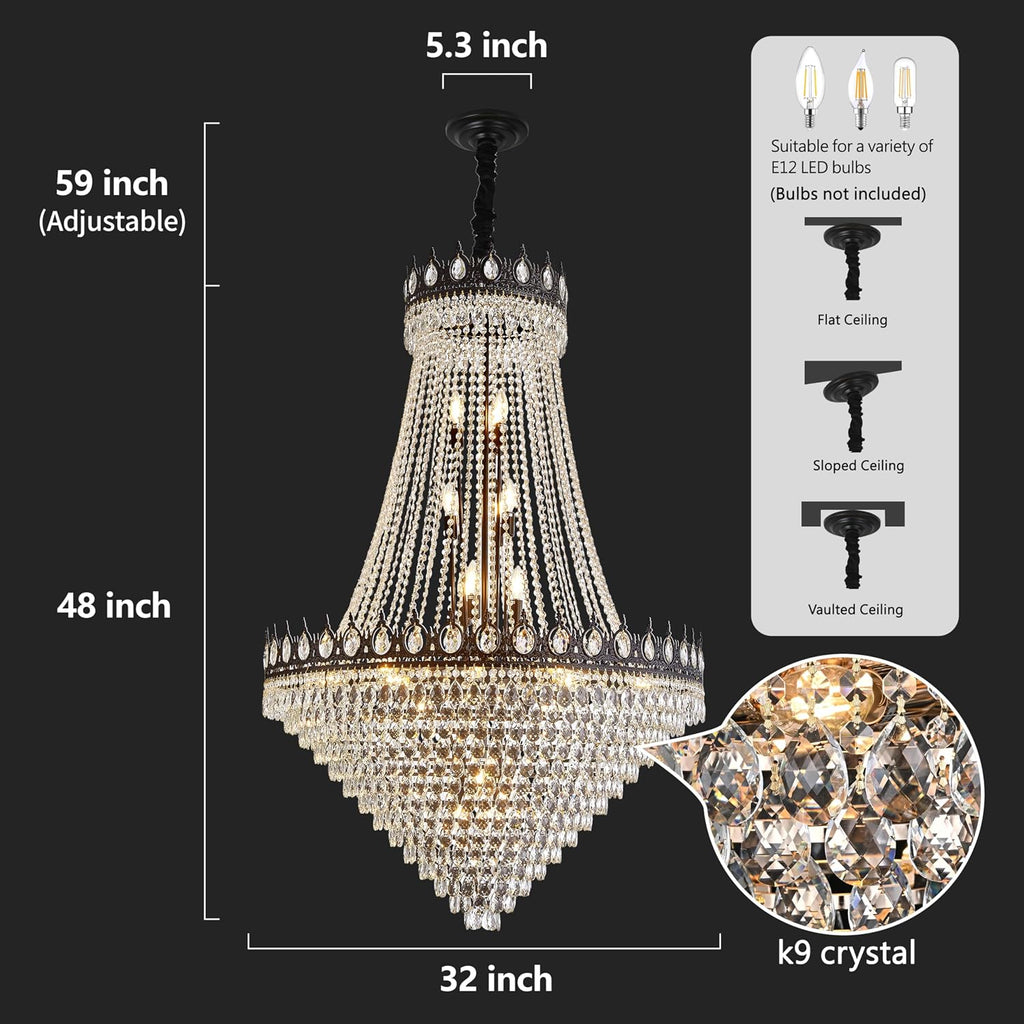 KoKo&Yukina 32' French Empire Crystals Chandelier 26 Light Black Crystal Chandeliers Modern Black Crystal Chandelier Round Large High Ceiling Sloped Hanging Light Fixtures for Hallway Staircase